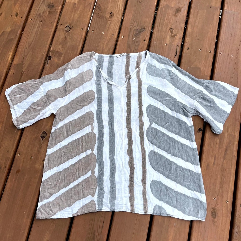 Liabella Linen Blouse Gray Taupe Abstract Stripe Made in Italy ONE SIZE